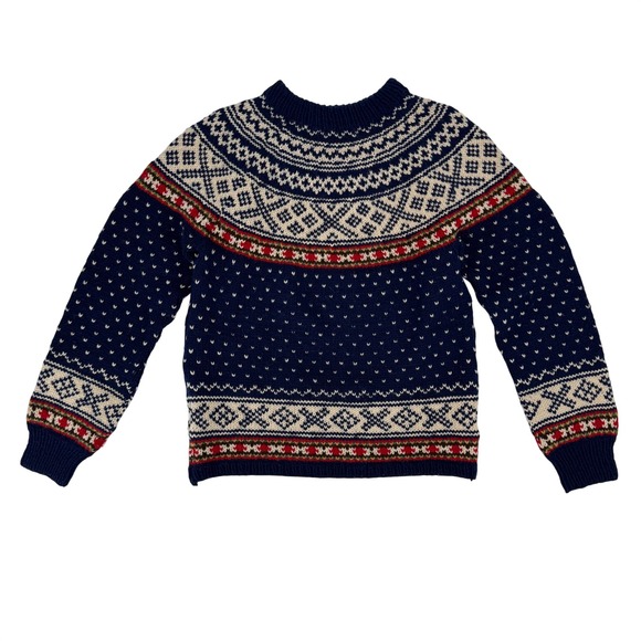 Vintage Sweaters - Vintage Fair Isle Nordic Wool Knit Sweater Navy Blue Red White Pullover Medium